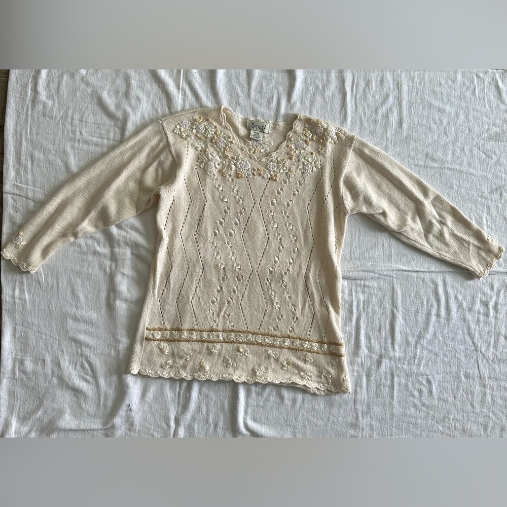 Pale Yellow Floral Knit Sweater with Ribbon Detail